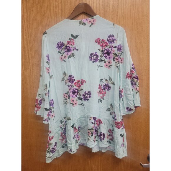 Blu Pepper Floral Tunic Top W/ Lace-Up Neckline & Ruffle Hem Light Blue Medium - Picture 6 of 10